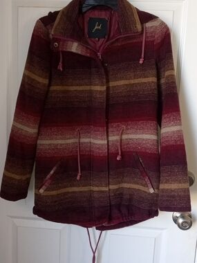 Jack Striped Hooded Trench Coat in Burgundy, Tan & Cream